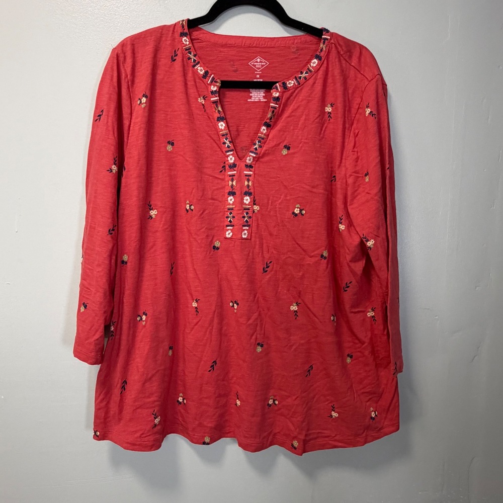 St Johns Bay Red Floral Embroidered Notch Neck Boho Lightweight Top 1X